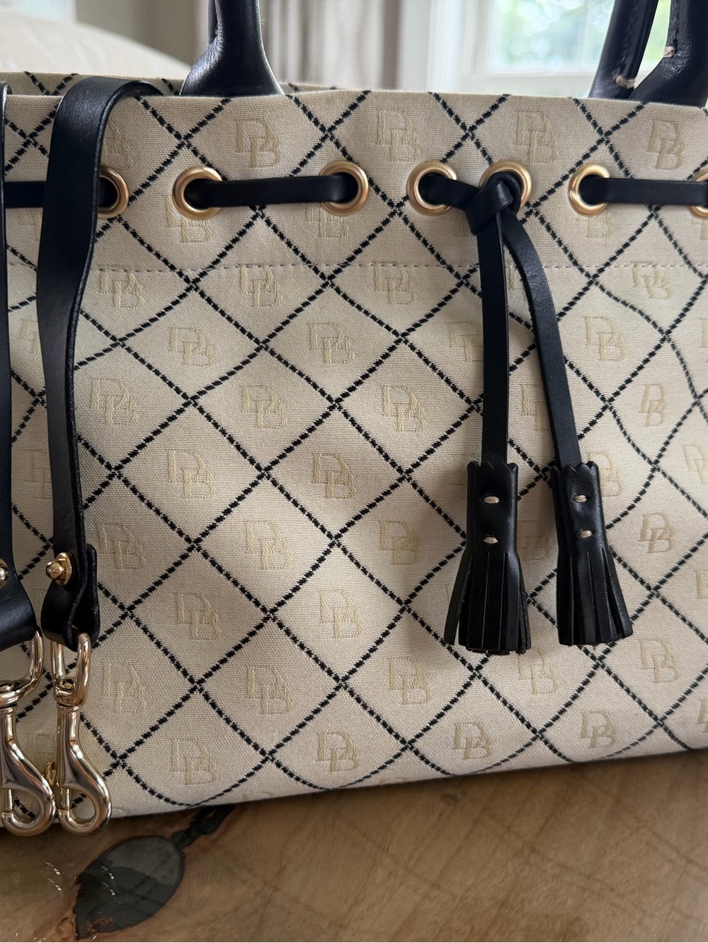 Dooney & Bourke Canvas Drawstring Tote Bag with Black Trim
